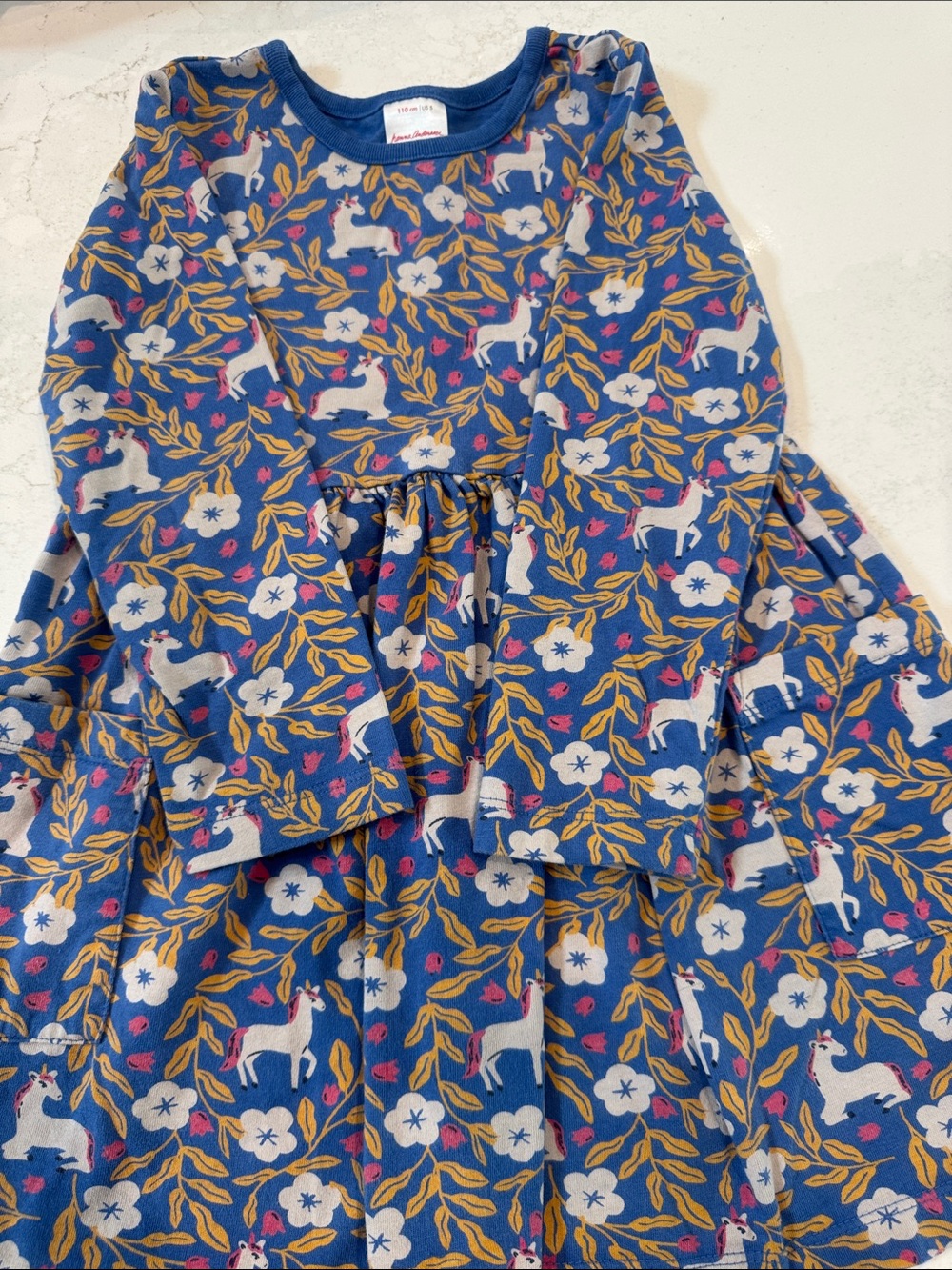 Hanna Anderson Girls Blue Floral Unicorn Tiered Skirt Dress